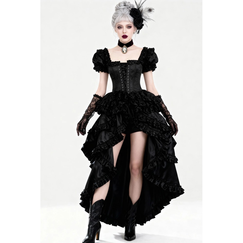 Attitude Corsets - Shalaya Rococo Satin Frill Langes Korsett Kleid - Schwarz